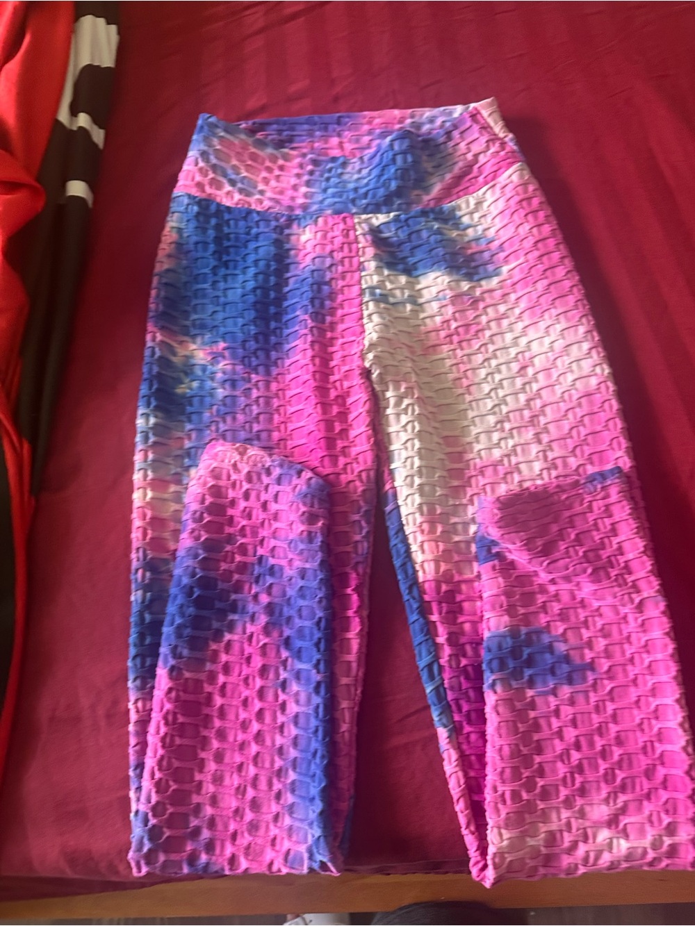 Tie-Dye Textured Leggings - Pink, Blue & White